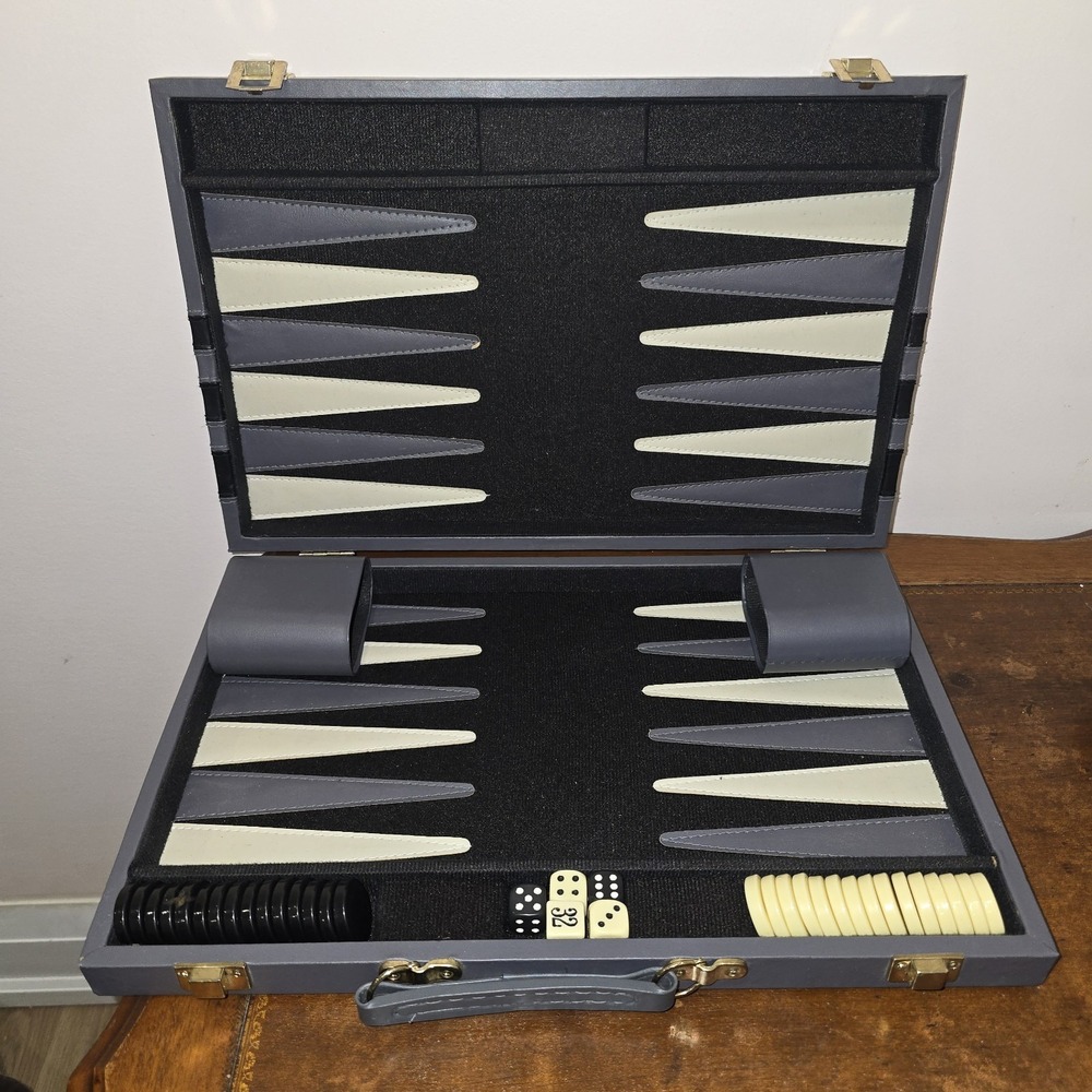 Modern Charcoal Grey Leatherette Backgammon Set with Attache Case Complete